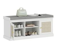 HOMCOM Banc à chaussures avec coussin rembourré, banc de rangement à chaussures bohème avec portes en rotin, étagères ouvertes et étagères réglables pour couloir, entrée, peut contenir 9 paires, blanc