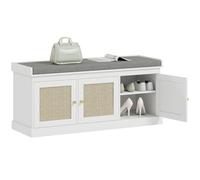 HOMCOM Banc à chaussures avec rangement, portes en rotin tissé, coussin rembourré, étagères réglables, pour 9 paires, banc d'entrée, chambre à coucher, salon, 35 x 105 x 47 cm, blanc