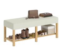 HOMCOM Banc à Chaussures, Banc de Rangement avec siège rembourré, Meuble d'entrée avec étagère Ouverte, Cadre en Bois d'hévéa, pour Couloir, Salon, Chambre, Charge 220Kg, 120x44x48cm, Bois Naturel