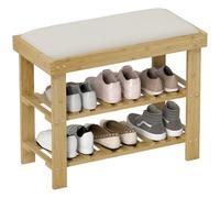 HOMCOM Banc à chaussures en bambou avec espace de rangement, étagère à chaussures avec 2 compartiments ouverts, banc de penderie pour salon, couloir, 60 x 29 x 49 cm, blanc crème