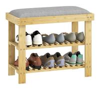 HOMCOM Banc à Chaussures en Bambou, étagère à Chaussures à 3 Niveaux, Style scandinave, Banc de Rangement pour entrée, Salon, Chambre, Charge 150 Kg, 60 x 29 x 49 cm, Gris et Bois Naturel
