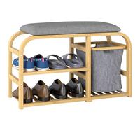 Banc à chaussures en bambou - 2 étagères, panier tissu coulissant - coussin gris Beige G