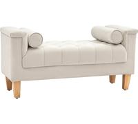 HOMCOM Banc Banc rembourré recouvert de chenille, accoudoir Banc de lit avec 2 coussins cylindriques, cadre en bois, banc à chaussures pour chambre à coucher, salon, couloir 115 x 44 x 58 cm Beige