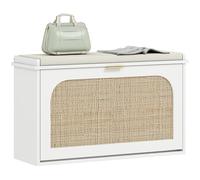 HOMCOM Banc Chaussures entrée, Banc de Rangement étroit, Assise rembourrée, Porte en rotin, tiroir Rabattable et étagère réglable, Style bohème, pour entrée, Couloir, 80 x 26 x 47,5 cm, Blanc