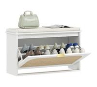 HOMCOM Banc Chaussures entrée, Banc de Rangement étroit, Assise rembourrée, Porte en rotin, tiroir Rabattable et étagère réglable, Style bohème, pour entrée, Couloir, 80 x 26 x 47,5 cm, Blanc