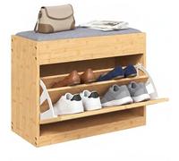 HOMCOM Banc Chaussures entrée en Bambou, Banc de Rangement, Assise rembourrée, Porte en rotin, tiroir Rabattable et étagère réglable, Style bohème, pour entrée, Couloir, 63x29x48cm, Bois Naturel