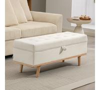 HOMCOM Banc Coffre de 80L Rembourré avec Revêtement en Tissu et Pieds en Bois, 118x42x45 cm, Crème