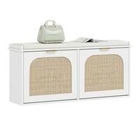 HOMCOM Banc de Chaussures étroit avec siège rembourré et 2 tiroirs rabattables, Banc de Rangement de Chaussures Boho avec Portes en rotin et étagères réglables pour Le Couloir, l'entrée, Peut