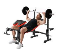 HOMCOM Banc de Musculation Fitness Acier 175 x 139 x 127 cm Noir et Rouge | Entrainement Complet, Support d'Haltères, Dossier Réglable