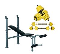 HOMCOM Banc de musculation Fitness banc d'haltérophilie dossier réglable + Ensemble d'haltères courtes ou longues 20 Kg barre d'extension incluse entraînement musculaire & haltérophilie