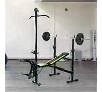 HOMCOM Banc de musculation Fitness entrainement complet dossier réglable cordes traction curler supports barre et haltères noir et jaune