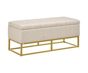HOMCOM Banc de Rangement Assise Capitonnée 110 x 44 x 48 cm Beige et Doré | Bout de Lit, Coffre de Rangement, Pieds en Acier, Meuble Entrée