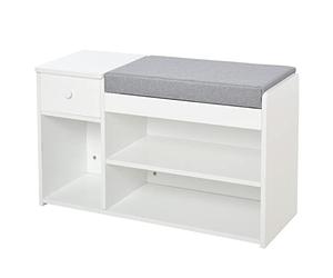 HOMCOM Banc de Rangement Banc à Chaussures 2 Niveaux Rangement, Niche, tiroir, Coffre intégré avec Coussin Gris Blanc