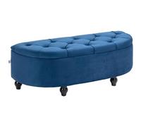 HomCom Pouf de rangement Coffre capitonné demi-cercle – Velours bleu, pieds bois hévéa noirs