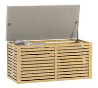 HOMCOM Banc de Rangement, Coffre de Rangement rembourré en Tissu Aspect Lin avec Couvercle et Structure en Bambou, pour Chambre, entrée, Salon, 90 x 42 x 43 cm, Gris et Naturel