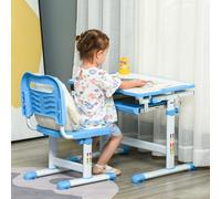 HOMCOM Banc d'École pour Enfants 6-12 Ans avec Chaise Réglable, Tiroir et Plateau Inclinable, 66x47x52-77 cm, Bleu
