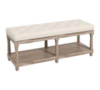 HOMCOM Banquette, Banc à Chaussures capitonnée, Bout de lit, 115 cm, 2 Niveaux étagère, Style Classique, piètement en Bois sculpté, rembourrée en Lin, Beige