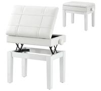 HOMCOM Banquette tabouret siège pour piano coffre intégré hauteur réglable bois hévéa assise revêtement synthétique blanc
