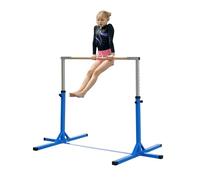HOMCOM Barre Fixe de Gymnastique Enfant - Barre de Gymnastique Hauteur réglable 13 Niveaux 92 à 150 cm - Acier Bleu Bois Massif hêtre