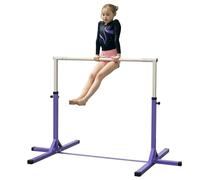 HOMCOM Barre Fixe de Gymnastique pour Enfant, Hauteur réglable 13 Niveaux de 92-150 cm, Acier et Bois en hêtre, Barre d'entrainement de Gymnastique à Domicile, antidérapant, Facile à Assembler, Violt