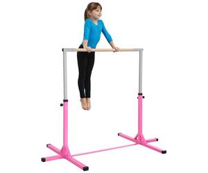 HOMCOM Barre Fixe de Gymnastique pour Enfant, Hauteur réglable 13 Niveaux de 92-150 cm, en Acier et Bois en hêtre, Barre de Gym d'entrainement à Domicile, antidérapant, Facile à Assembler, Rose