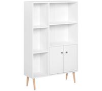 HomCom Bibliothèque scandinave 80×23,5×123 cm 5 niches 2 portes pieds effilés inclinés blanc
