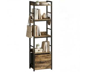 HOMCOM Bibliothèque à 4 Niveaux, étagère de Rangement étroite avec tiroir, 8 Crochets, Cadre en métal, Meuble de Rangement Moderne pour Salon, Bureau, Petit Espace, 39 x 26 x 136,5 cm, Brun Rustique