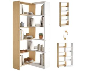 HOMCOM Bibliothèque à 5 étagères, design rotatif à 350°, 3 modes de rangement, bibliothèque d'angle en L, gain de place, étagère de rangement pour salon, bureau, 111,5 x 23,8 x 163,7 cm, couleur bois