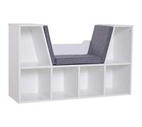 Bibliothèque banc 2 en 1 design contemporain 6 casiers 3 coussins fournis 102L x 30l x 61H cm blanc gris chiné