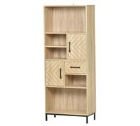 HOMCOM Biblliothèque Buffet Haut de Cuisine 2 étagères 3 niches 2 placards + tiroir en Bois chêne Clair Motif Graphique Pieds en métal Noir