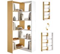 HOMCOM Bibliothèque d'angle Rotative 350° 60-111x24x164cm Chêne Blanc | à 5 Niveaux, Étagère de Rangement Extensible en Forme L, Style Moderne, Meuble de Rangement, Salon, Bureau, Petit Espace