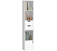 HOMCOM Bibliothèque de 158 cm avec tiroirs, étagère à 3 niveaux, armoire de rangement fine avec portes, étagère réglable pour salon, chambre à coucher, bureau à domicile, blanc