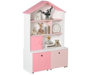 HOMCOM Bibliothèque en bois pour enfants Bibliothèque pour enfants avec 4 compartiments 1 porte et 2 tiroirs amovibles à roulettes pour livres jouets 80x34x130 cm rose et blanc