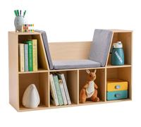 HOMCOM Bibliothèque Enfant avec Banc 6 étagères 103x30x62cm Naturel | 3 coussins, tabouret, étagère à jouets, bibliothèque enfant, organisateur de jouets, salle de jeux, chambre d'enfant