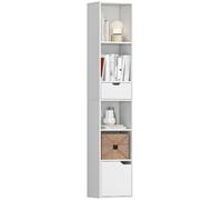 HOMCOM Bibliothèque étroite 6 étagères avec tiroir 30x24x158cm Blanc | Étagère réglable, porte d'armoire, étagère debout, étagère décorative, de rangement, salon, bureau à domicile, chambre