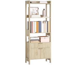 HOMCOM Bibliothèque Haute, étagère de Rangement, 4 étagères Ouvertes et 2 tiroirs cannelés, poignées dorées, Style Moderne, pour Salon, Bureau, Chambre, 60 x 30 x 160 cm, Bois Naturel
