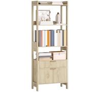 HOMCOM Bibliothèque Haute, Meuble de Rangement avec 4 étagères Ouvertes et 2 tiroirs cannelés, poignées dorées, Style Moderne, pour Salon, Bureau, Chambre, 60 x 30 x 160 cm, Bois Naturel