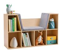 HOMCOM Bibliothèque pour enfant avec tabouret, banc pour enfant avec 6 compartiments, coffre à jouets avec 3 coussins, coffre à jouets à partir de 3 ans, gris + naturel, 103 x 30 x 62 cm
