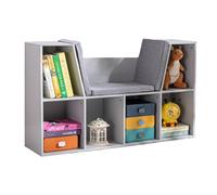 HOMCOM Bibliothèque pour enfant avec tabouret, banc pour enfant avec 6 compartiments, coffre à jouets avec 3 coussins, coffre à jouets à partir de 3 ans, gris, 103 x 30 x 62 cm