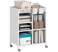 HOMCOM Bibliothèque sur roulettes Chariot à livres à 4 niveaux avec étagères réglables, paniers suspendus et crochets pour salon et bureau à domicile, blanc