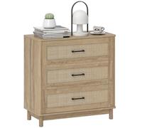 HOMCOM Bohemian Rattan Chest of Drawers, 3 Drawer Dresser with Pine Wood Legs, Wide Storage Unit for Living Room, Hallway, Oak (commode en rotin de Bohème à 3 tiroirs avec pieds en bois de pin)