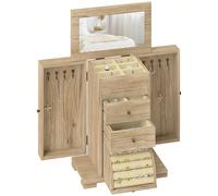 HOMCOM Boîte à bijoux femme à 4 niveaux, coffre à bijoux en bois avec ailes, miroir et 2 tiroirs pour bagues, boucles d'oreilles, colliers et bracelets, marron Descriptions Longues:Débutez vos matinée