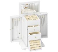 HOMCOM Boîte à Bijoux Femme à 4 Niveaux, Coffre à Bijoux en Bois avec Ailes, Miroir et 2 Tiroirs pour Bagues, Boucles d'Oreilles, Colliers et Bracelets, Blanc