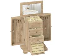 HOMCOM Boîte à bijoux femme à 4 niveaux, coffre à bijoux en bois avec ailes, miroir et 2 tiroirs pour bagues, boucles d'oreilles, colliers et bracelets, marron
