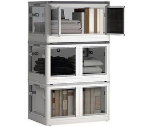 HOMCOM Boîtes de rangement pliables et empilables 69L en plastique, caisses rangement 3 cubes avec couvercle et 4 roulettes, accès à 5 côtés, pour jouets et livres, blanc