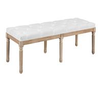 Tabouret repose-pied capitonné style classique - bois d'hévéa sculpté, patiné - revêtement aspect lin crème