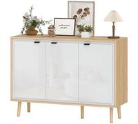 HOMCOM Buffet à haute brillance, meuble de rangement avec 3 portes, étagères réglables, 107 x 35 x 77 cm, blanc et chêne