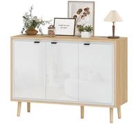 HOMCOM Buffet à Haute Brillance, Meuble de Rangement avec 3 Portes, étagères réglables, Pieds en Bois, Style Moderne, Buffet Salle à Manger, Cuisine et Salon, 107 x 35 x 77 cm, Blanc et chêne