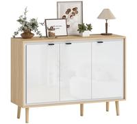 HOMCOM Buffet à Haute Brillance, Meuble de Rangement avec 3 Portes, étagères réglables, Pieds en Bois, Style Moderne, Buffet Salle à Manger, Cuisine et Salon, 107 x 35 x 77 cm, Blanc et chêne