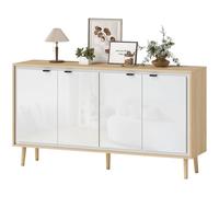 HOMCOM Buffet à Haute Brillance, Meuble de Rangement avec 4 Portes, étagères réglables, Pieds en Bois, Style Moderne, Buffet Salle à Manger, Cuisine et Salon, 141 x 35 x 77 cm, Blanc et chêne